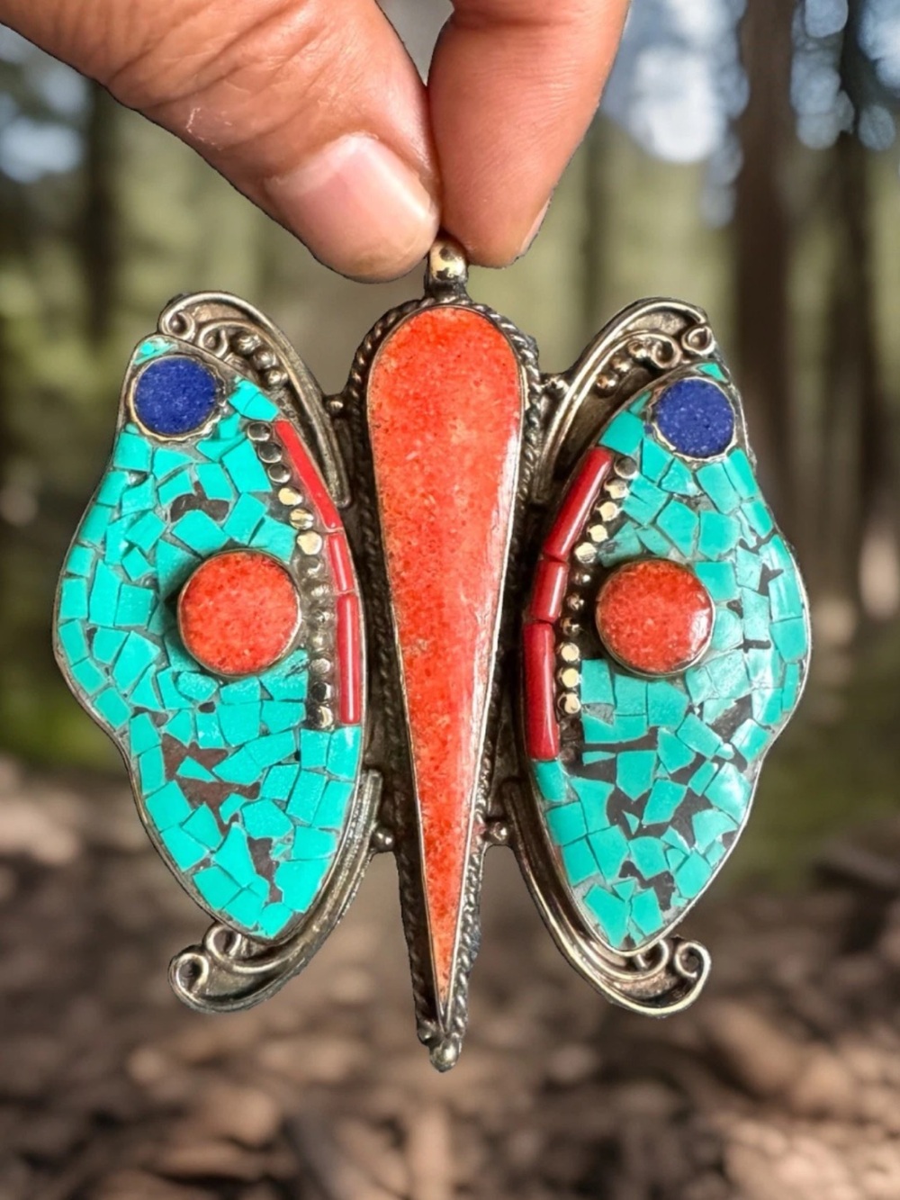 Vintage Handcrafted Butterfly Pendant Inlay Stones Set In Tibetan Silver 65grams